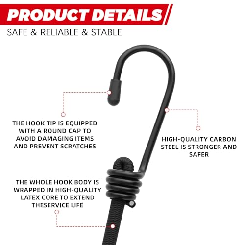 4Pcs Bungee Cords with Hooks, Heavy Duty Outdoor Elastic Bungee Straps (80Inch Long), 1/3Inch Thick, No Odour, Max Load 40kg for Camping, Luggage, Tents, Bikes - size: 80 in, style: Heavy Duty 8MM