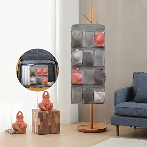 Dual Sided Hanging Shoe Organizer for Closet with Rotating Hanger Hanging Shoe Rack Holder with 24 Large Pockets (Grey-Mesh Pockets) - color: GREY-MESH