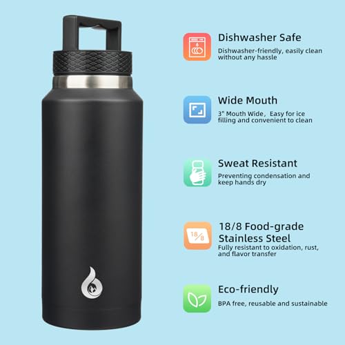 BJPKPK 36oz Insulated Water Bottle Stainless Steel Water Bottle with Handle - color: Black, style: 36oz