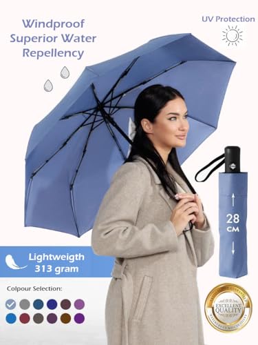 Windproof Travel Umbrella - Compact, Light, Full Automatic Open/Close - Folding Backpack Umbrella for Rain & Sun UV Preotection For Men & Women, Unbreakable 8 Fiberglass Ribs UK Design - color: Pigeon Blue