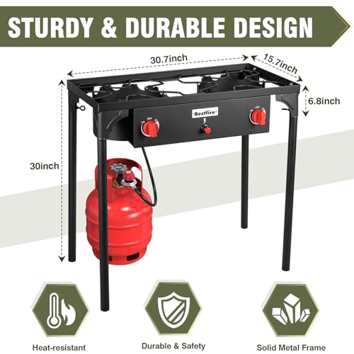 BESTFIRE 2 Burner Camping Stove,150,000 BTU High Pressure Outdoor Propane,4ft 20 PSI Adjustable Regulator Hose With Removable Legs for Backyard Cooking Camping Home - style: 2 burner Basic