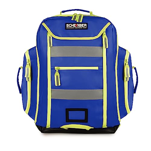 Scherber Fully-Stocked Premium First Responder Backpack | EMT/EMS Medic Trauma & Oxygen Medical Professional Kit | Bag w/ 4 Color-Coded Removable Pouches, O2 Storage, & 250+ First Aid Supplies (Blue) - color: Blue