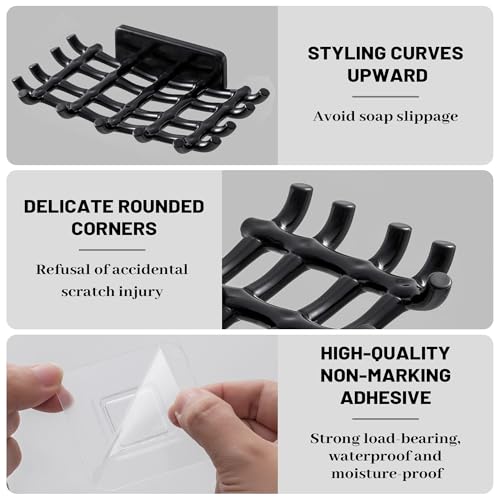 Shower Soap Holder for Wall, Adhesive Bar Soap Dish with Self Draining Grid, Side Hooks and No Drilling Mount, Black, 2 Pack - color: Black