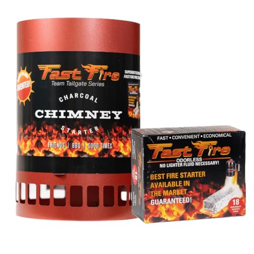 Fast Fire, Stainless Steel Charcoal Chimney Starter (Red) - Rust Resistant BBQ Coal Lighter with Patented Insert, Cool-Touch Handle, 18 Fire Starters for Grills. Outdoor, Camping - color: Stainless Steel Red