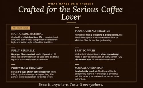 South indian filter coffee maker indian style 5.1 oz (150 ml) | KERAM indian coffee filter 304 stainless steel coffee dripper reusable phin filter decoction maker pour over alternative - size: 150 ml