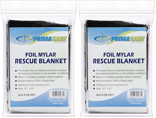 Primacare CB-6831 Emergency Mylar Thermal Foil Blanket, Lightweight and Durable Insulation Mylar Material, Perfect for Outdoors, Hiking, Survival, First Aid, 62" x 82" (Pack of 2) - size: 82" Length x 62" Width (Pack of 2)