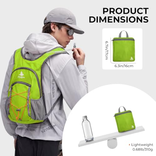 14L Small Hiking Backpack, Packable Travel Daypack for Men Women | Lightweight, Quick-Access Phone Pocket, Breathable, Water Resistant, Adjustable Straps, Emergency Whistle, Commuting Cycling - color: Green