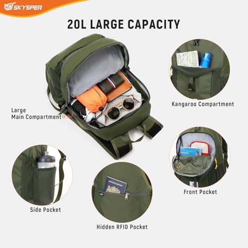 SKYSPER Small Packable Hiking Backpack 20L Anti-theift Travel Daypack | RFID Ultralight Foldable Walking Backpack with Water Bottle Holder, Nylon, Multi-compartment, Everyday Carry for Men Women - color: Armygreen