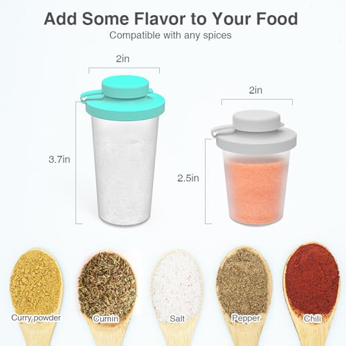 SOPHICO 3.2 & 4.5oz Salt and Pepper Shaker,With Moisture Proof silicone lid | Moisture Proof Sinlicone Lids, Spice Shaker to go for Camping Travel Picnic Lunch Boxes - color: Mint & Grey, Medium & Large