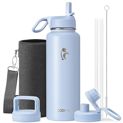 Coolflask 32 oz Water Bottle Insulated with Straw & 3 Leakproof Lids - color: Light Blue, size: 32 Ounces