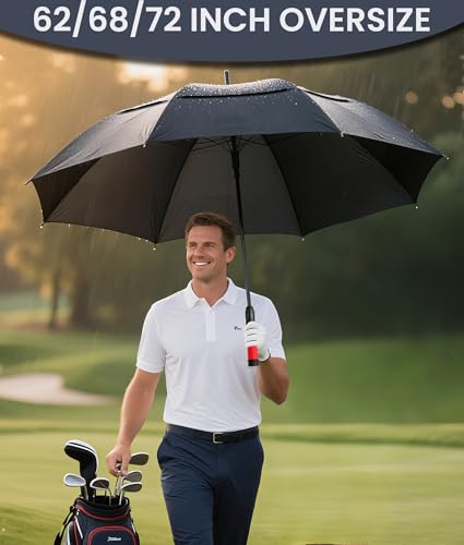 62/68/72 Inch Large Golf Umbrella Windproof Waterproof Auto Open | Oversized Double Canopy Vented, 210T Waterproof Pongee Fabric, Light Fiberglass Frame, Unique Red Foam Handle - color: Black-Red Handle, size: 62"