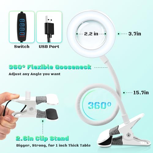 10X Magnifying Glass with Light, Clip on Magnifier with Light,LED Desk Lamp | Adjustable Gooseneck, 3 Color Modes & 12 Brightness, Table Magnifying Lamp for Bed Book Reading Work Crafts Painting Repair - color: White