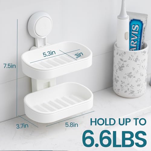 TAILI Double Layer Soap Dish Suction Cup Soap Holder, Strong Sponge Holder for Shower, Bathroom, Tub and Kitchen Sink, Drill-Free, Removable (Pack of 2) - color: White, size: 5.8" * 3.7" 2 Tier (Pack of 2)