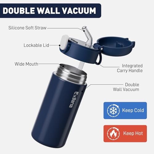 Exllena 10oz Small Insulated Water Bottle with One-Touch Soft Straw Lid, Double-Wall Vacuum Small Travel Water Bottle for Cold&Hot Drinks–Leak-Proof, Mini Flask for Handbag,Sport(Navy Blue) - color: Navy Blue