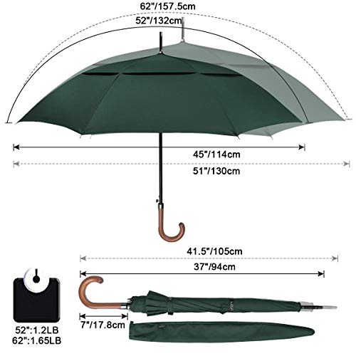 G4Free 52/62inch Golf Umbrella Windproof Large Stick Umbrella Wooden Handle - color: Dark Green, size: 52 inch