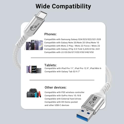 Long USB C Cable 6.6ft, 2 Packs, White, 10Gbps Android Auto Cord | 3A Fast Charging, High Spedd Data Transfer USB A to Type C, Braided, Compatible for Carplay, iPhone, iPad, MacBook, Charger - color: White, size: 6.6 ft