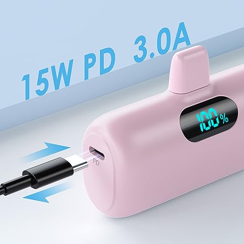 [2 Pack] Small Portable Charger for iPhone14/13, 5000mAh PD Fast Charging Power Bank, LCD Display Cute Mini Battery Pack Compatible with iPhone 14/14 Pro Max/13/13 Pro/12 Pro/11/XR/X/8-Black+Pink - color: Black+Pink