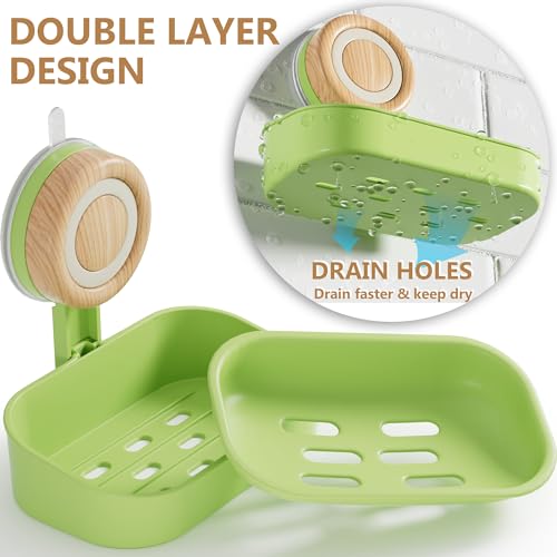 Double Layer Soap Dish for Shower 2 Pack, Wall Mounted Bar Soap Holder Suction Cup 2 Layer Self Draining Soap Case Sponge Holder for Shower Bathroom, Tub and Kitchen Sink, Green - color: Green