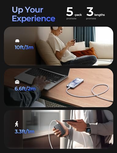 LISEN USB C Cable, 5-Pack [3.3/3.3/6.6/6.6/10FT] USBC to USBC Cable for iPhone 16e 15 Pro Max Charger Cord, 60W (3.1A) C to C Cable Fast Charging for Samsung S25/S24/23, Switch 2, iPad, MacBook,White - color: White, size: 3.3+3.3+6.6+6.6+10FT