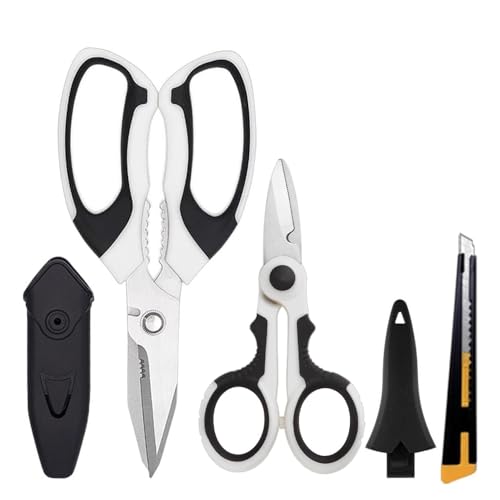 Scissors Heavy Duty Set, Ultra Sharp Stainless Steel Shears with Protective Cover, Easy Cutting Cardboard, Wires, Fabric, Leather, Iron Mesh (White) - color: White