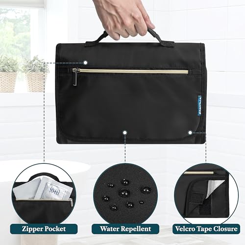 PAVILIA Hanging Toiletry Bag for Women Men Foldable Travel Organizer, Black - color: Black