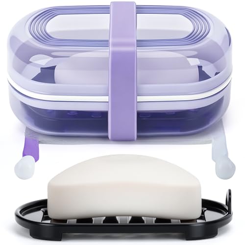Leakproof Travel Soap Case with Lid | Draining Soap Bar Holder & Dish with Silicone Strap | Includes Mesh Soap Bag | for Shower, Bathroom, Camping, Gym (Grape Purple) - color: Grape Purple Style a