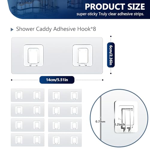 Shower Caddy Adhesive Replacement Hooks, Strong Waterproof Strips, No Drilling for Bathroom Shelves, Kitchen Racks, and Soap Holders (Transparent-8Pack 2Hook) - color: Transparent-8Pack 2Hook