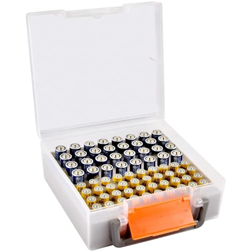 FULLCASE Battery Organizer Storage Case with Tester for AA AAA Batteries | 34 AA/30 AAA Plastic Holder, Test Power, Loose Battery Control, Home Drawer, Toolbox, Camping, Black, No Batteies（Clear) - color: Clear