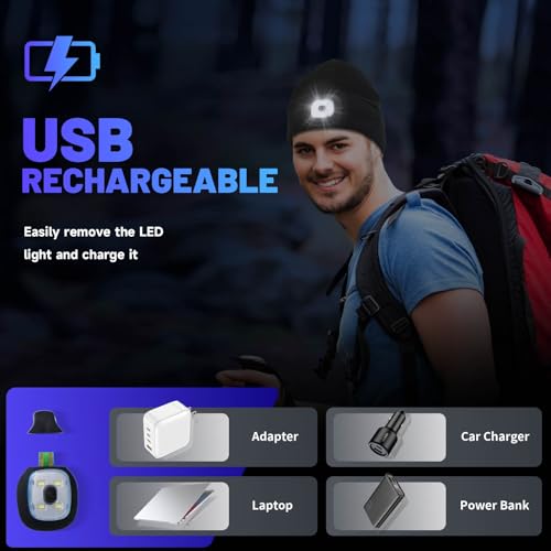 Keains Unisex Beanie with The Light ，Rechargeable LED Headlamp Cap， Warm Knit Hats for Winter Safety Gifts for Men Women Dad - color: Grey