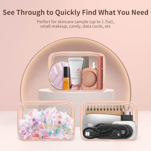 TISRATOK 12 PCS Clear Makeup Bags with Zipper, TSA Approved Toiletry Pouch - color: Orange Pink, size: Small
