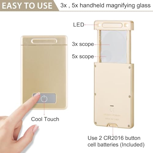 BIGMONAT 3 Pack Magnifying Glass with Light, 3X 5X Pocket Light Magnifier, LED Battery Powered Portable for Reading, Pocket Wallet Purse Magnifiers - color: Gold
