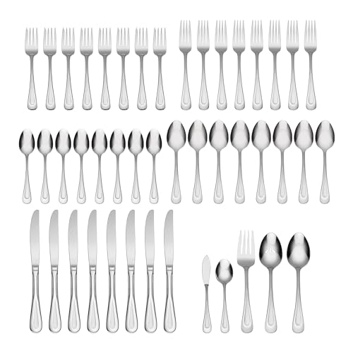 Oneida Silverware Set For 8, Satin Sand Dune 45-Piece Everyday Flatware Set with Serving Utensils,Service For 8, 18/0 Stainless Steel Silverware, Knives Spoons and Forks (Silver, 45 Piece) (Pack of 3) - size: 45 Piece (Pack of 3), style: 45-Piece Flatware