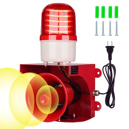 AC110V Industrial Siren Alarm Strobe Light-120dB Loud Horn&Red Beacon Warning Light,Waterproof Indoor/Outdoor Safety Alarm for Emergency,Factory,Office,Fires,Tornado,Intruders,Animal Deterrent - style: Basic (Always On) – 120dB