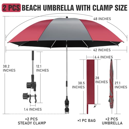 2 Pack Beach Umbrella with 360 Universal Clamp, UPF50+ Umbrella Outdoor Patio Sun Protection for Chairs, Beach &Patio Use (Not Include Chair) - color: Grey / Wine Red