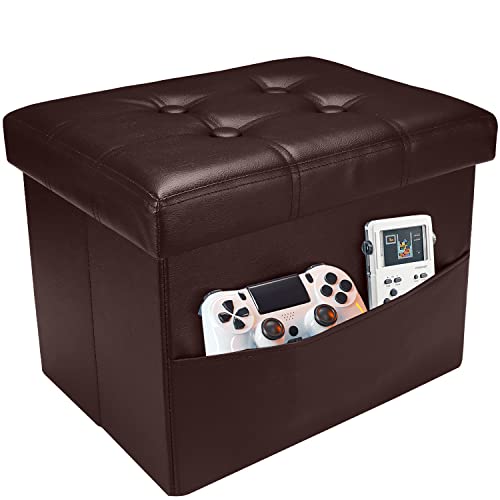 AmasSmile Ottoman with Storage,16" Folding Leather Foot Rest Chest,Brown - color: Brown 1 Pack., size: 16"*12"*12"with side pockets