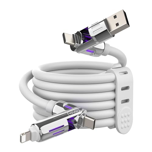 MFish 240W 4-in-1 Fast Charging Cable, White, 6.6FT | Carrying Case, USB-A & USB-C to USB-C/Lightning, For iPhone 17/16/15/14, MacBook, iPad, Laptop, Samsung S25/S24 - color: White, size: 6.6Ft