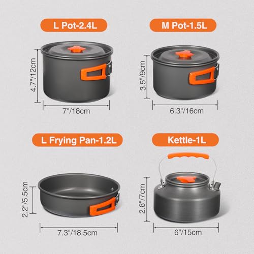 REDCAMP 6/10/11/12/14/15/19 PCS Camping Cookware Mess Kit Camping Gear Campfire Utensils Lightweight Stackable Pot Pan Bowls Soup Spoon with Storage Bag for Camping, Backpacking, Outdoor Cooking - style: Orange,25 Pcs W/Kettle