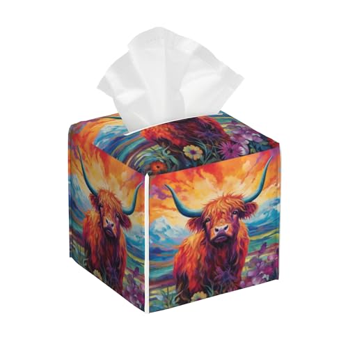 Watercolor Highland Cow Leather Tissue Holder,Mountain Flowers Square Tissue Box Cover,Modern Decorative Facial Tissue Paper Cover for Car Bedroom Nightstand Vanity Desk Office,5.2" x 5.2" x 5.2" - color: Watercolor Highland Cow