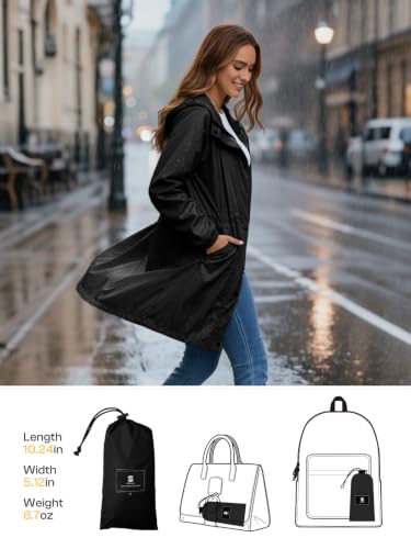 SaphiRose Women's Lightweight Long Rain Jacket Packable Raincoat Hooded Outdoor Trench Coats - color: Black, size: Medium
