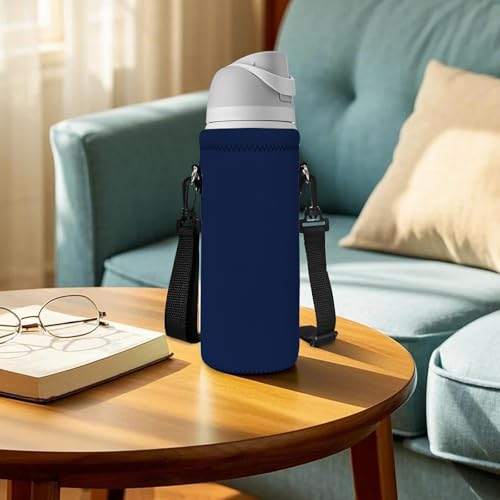 RICHEN Neoprene Water Bottle Carrier Bag with Adjustable Shoulder Strap,Insulated Water Bottle Cover for Stainless Steel/Glass/Plastic Bottles - color: Navy Blue, size: 500ml