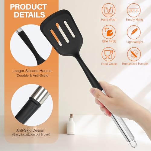 Large Silicone Cooking Utensils Set, 10Pcs Nonstick Kitchen Utensil Set with Stainless Steel Handle, BPA Free Spatula Set with Turners Spoon Ladle Skimmer(Black/Silver) - color: Black/Silver
