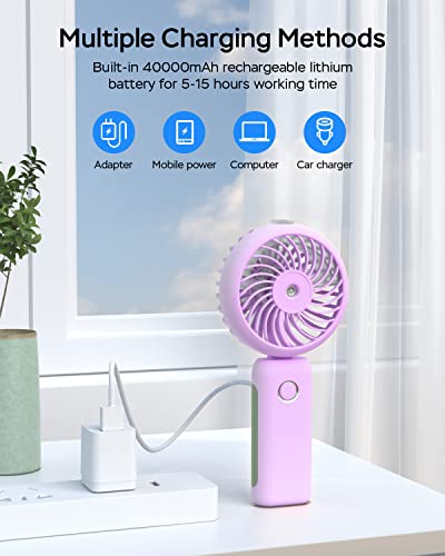 Portable Handheld Misting Fan, USB Rechargeable, Foldable with Water Tank, 3 Speeds, for Travel and Outdoors (purple) - color: purple