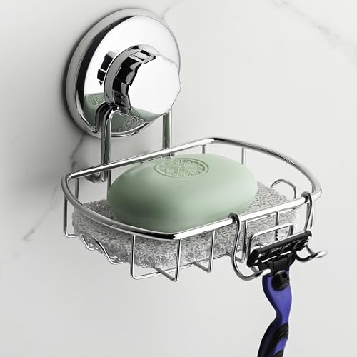 HASKO Suction Cup Soap Dish for Shower with Hooks and Soap Saver, Silver - color: Silver
