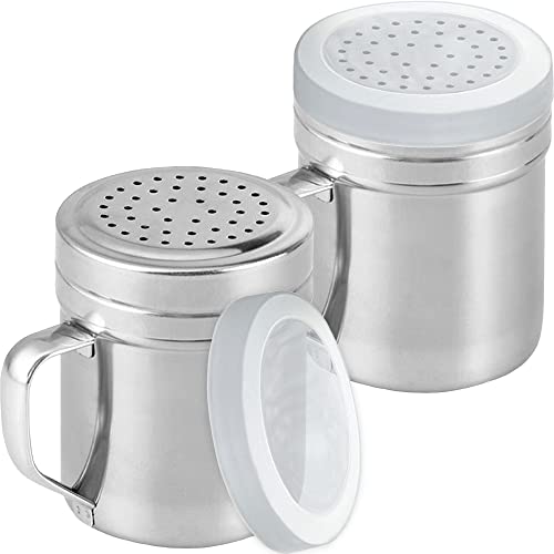 CUSINIUM Metal Salt Pepper Dredge Shakers - With Handle - Seasonings Spice Shakers With Holes and Lids - 10 Ounce, 2pcs | Style: Medium - color: Silver, size: 10 Oz
