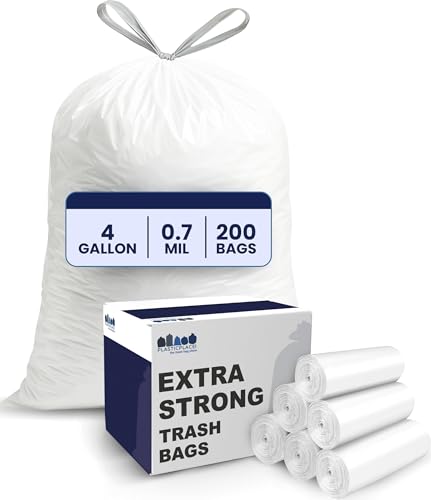 Plasticplace 4 Gallon White Drawstring Trash Bags, 200 Count (Pack of 1) – 0.7 Mil Leak-Proof Garbage Liners for Small Trash Can, Bathroom, Kitchen, Office, and Car Use - size: 200 Count (Pack of 1)