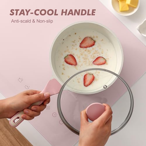 SENSARTE Ceramic Nonstick Saucepan with Lid 1.5 QT, PTFE/PFAS Free, Pink | Small Kitchen Cooking Pot with Stay Cool Handle, Induction Compatible, Ceramic Coating - color: Sakura Pink, size: 1.5 Quarts