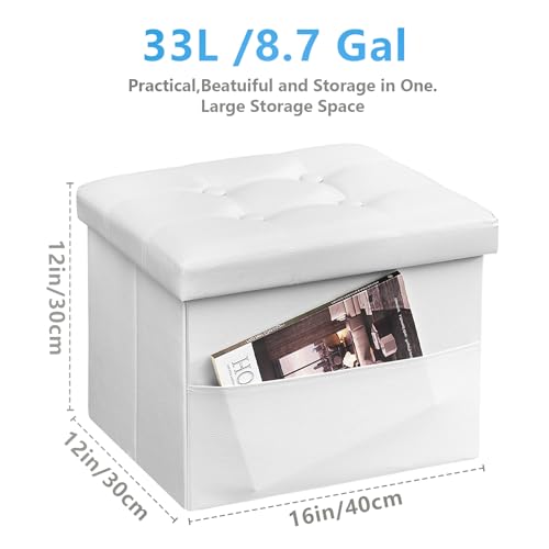 AmasSmile Ottoman with Storage,16" Folding Leather Foot Rest Chest,White - color: White 1 Pack, size: 16"*12"*12"with side pockets
