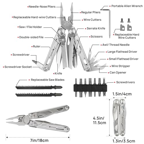 BIBURY 31-in-1 Multitool Pliers Pro,EDC Pocket Knife & Scissors-BI2045 | Stainless Steel Multi Tool with Screwdriver, Replaceable Wire Cutters, Saw, Ideal for Survival,Camping,Repair, Gifts for Men - color: Silver