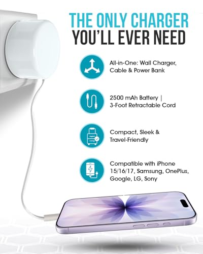 4-in-1 USB-C Retractable Cable Wall Charger & Power Bank, Fast Charging for iPhone Air/17/17 Plus/17 Pro/17 Pro Max/16/16 Pro Max/15/15 Pro Max/iPad Pro, Samsung, OnePlus, LG, Google, Sony