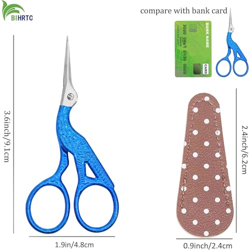 BIHRTC 3.6" Vintage Stork Scissors,Antique Metal with Leather Cover | Vintage Scissors Stainless Steel Scissors with Leather Cover for Threading Cross Stitch Cutting Sewing Handcraft Craft - color: Bright Blue, size: 3.6inch